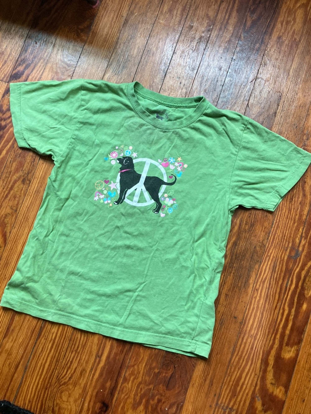 Black Dog Green Peace Sign Dog Graphic Tee Size S 5/6 100% Cotton
